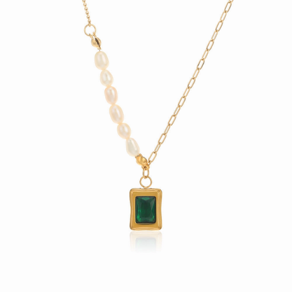 Wholesale Emerald Green Geometric Stainless Steel Pearl Necklace