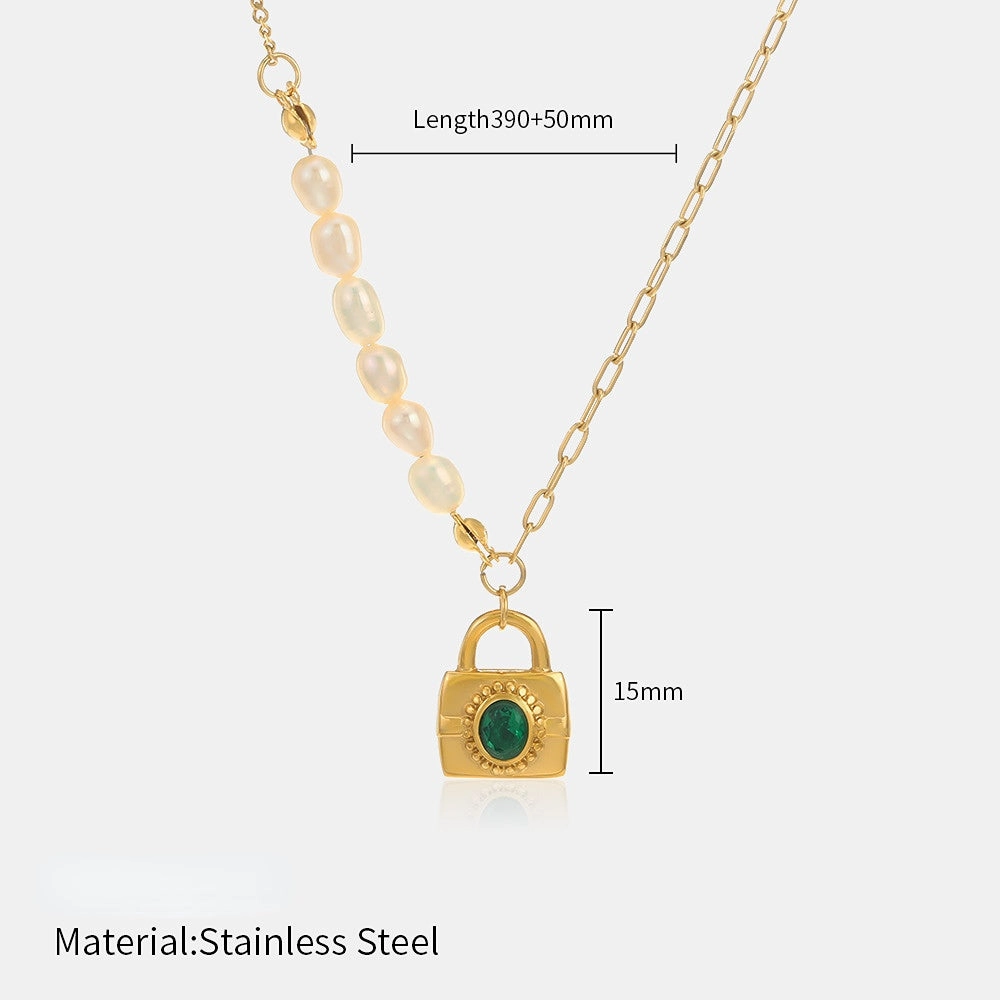 Wholesale Emerald Green Geometric Stainless Steel Pearl Necklace