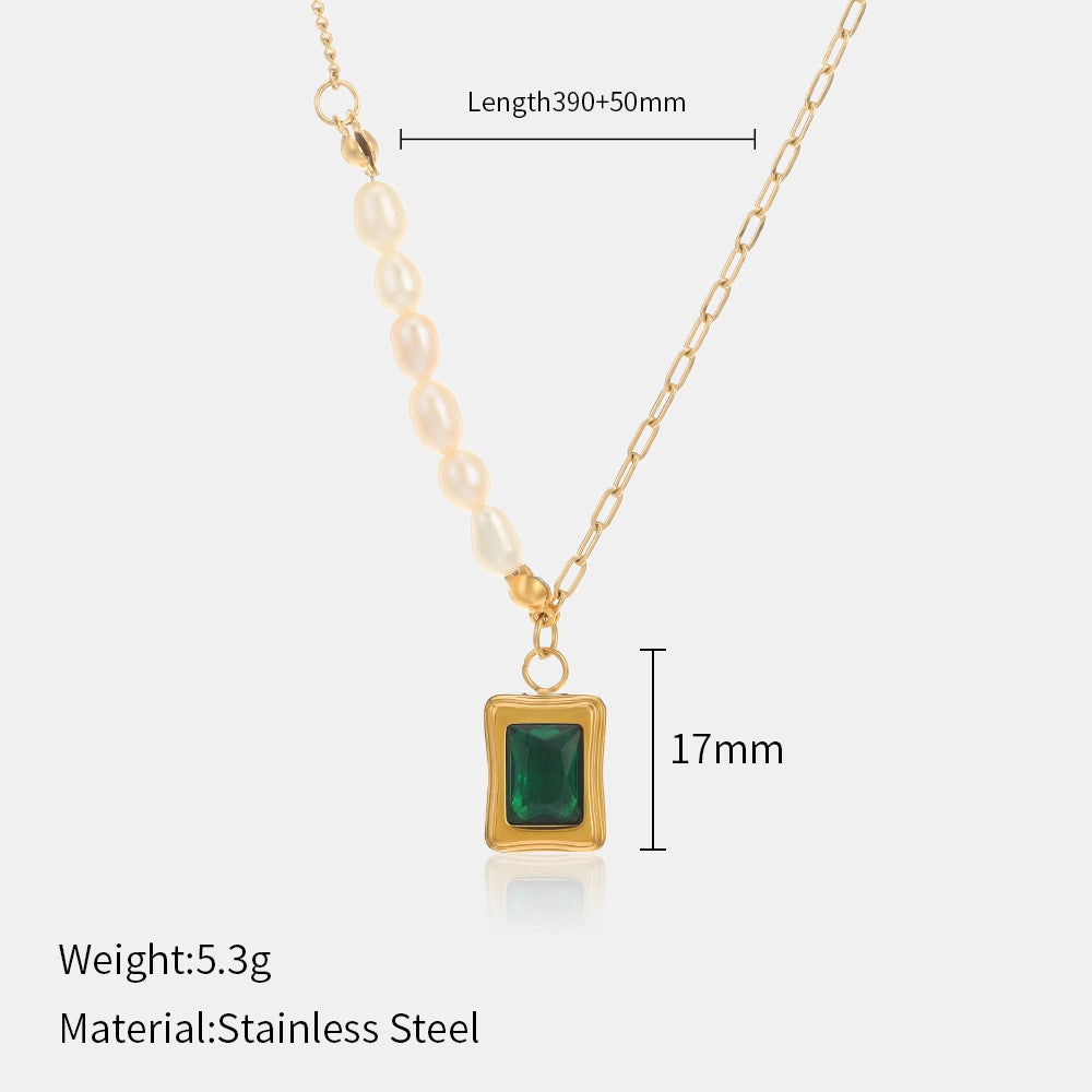 Wholesale Emerald Green Geometric Stainless Steel Pearl Necklace