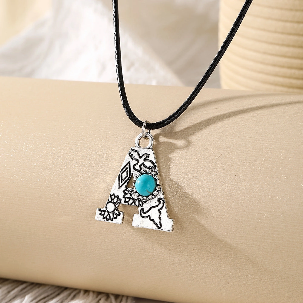 Wholesale English letter necklace western style cactus sunflower turquoise chain