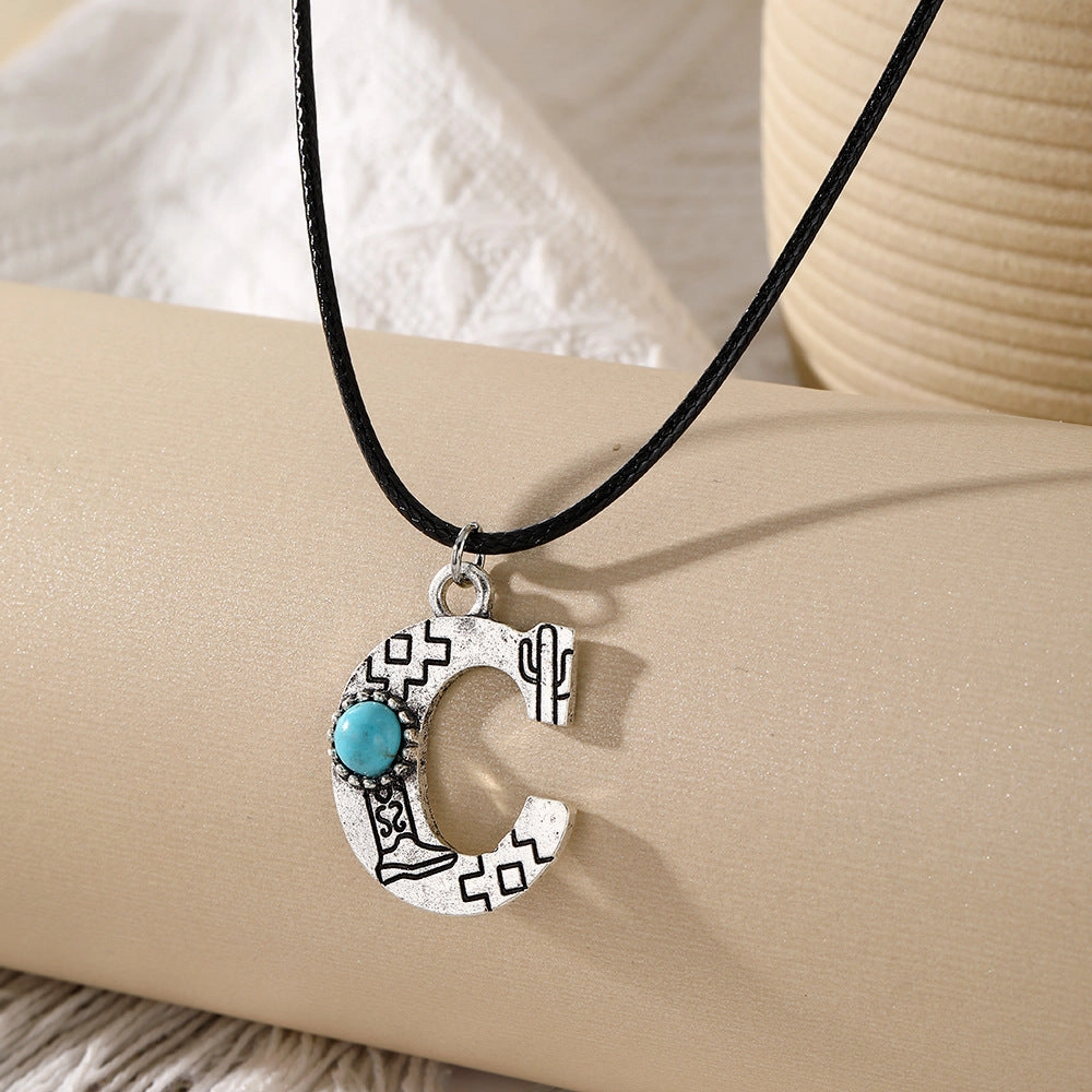 Wholesale English letter necklace western style cactus sunflower turquoise chain