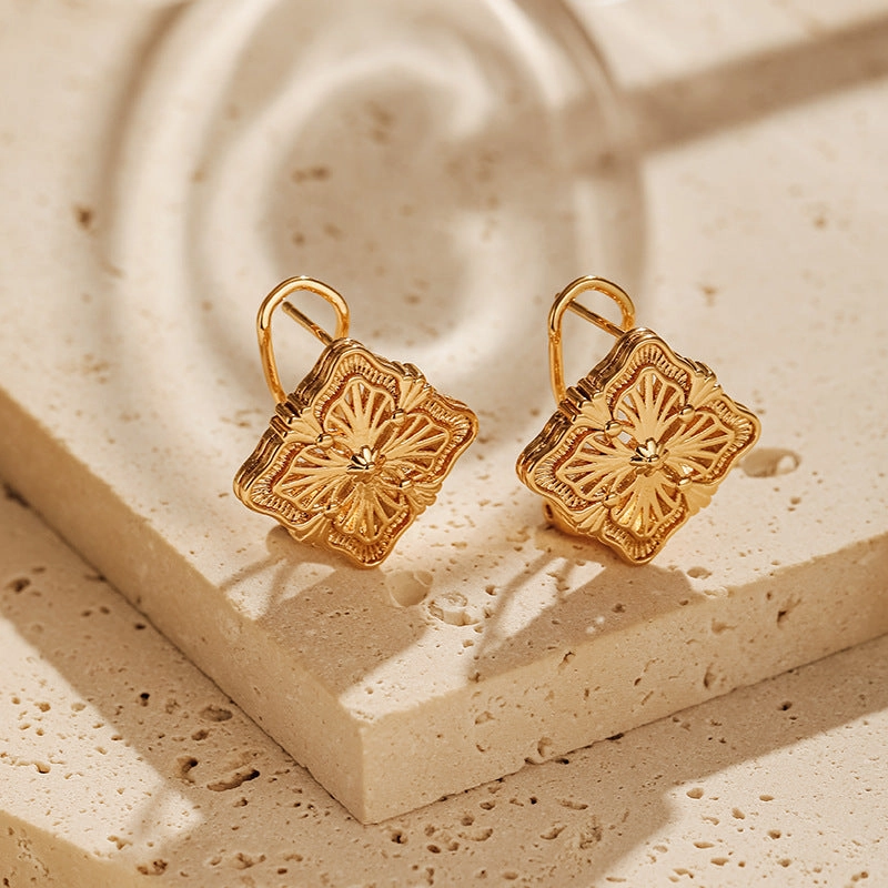 Wholesale Engraved Lace Vintage Square Gold Plated Earrings