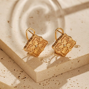 Wholesale Engraved Lace Vintage Square Gold Plated Earrings