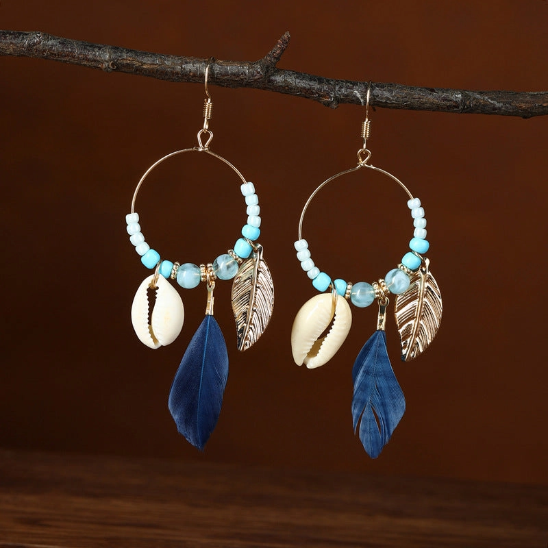 Wholesale Ethnic retro long multi-color holiday feather beaded circle earrings
