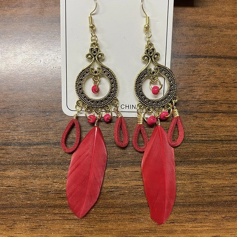 Wholesale Ethnic retro long multi-color holiday feather beaded circle earrings