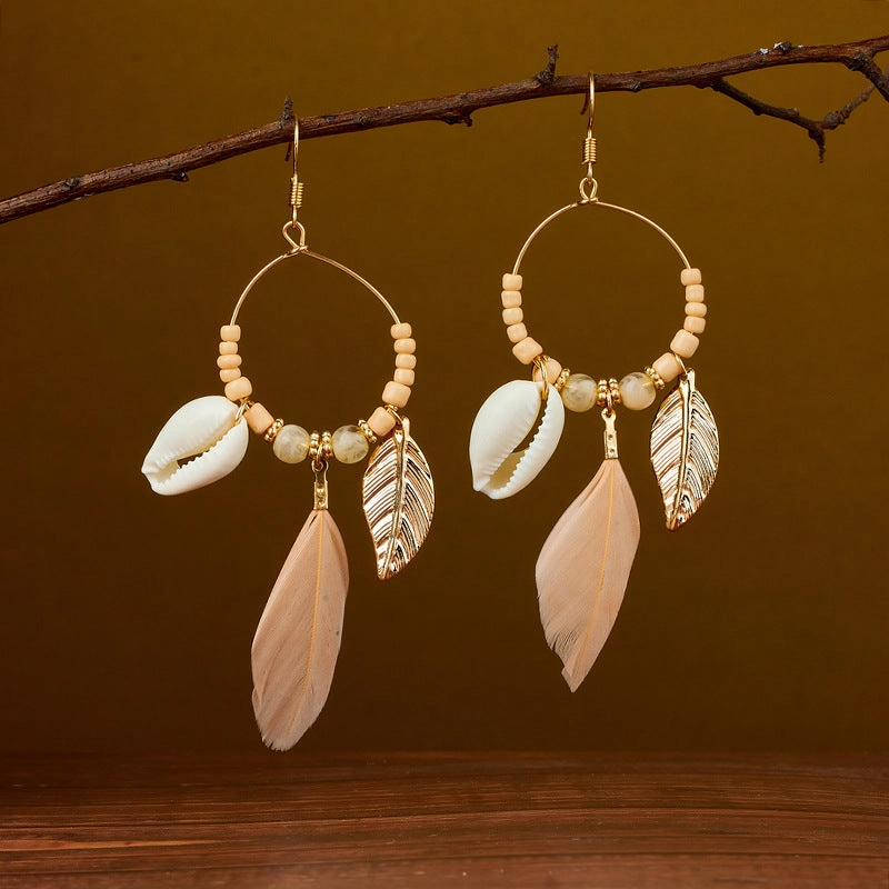 Wholesale Ethnic retro long multi-color holiday feather beaded circle earrings