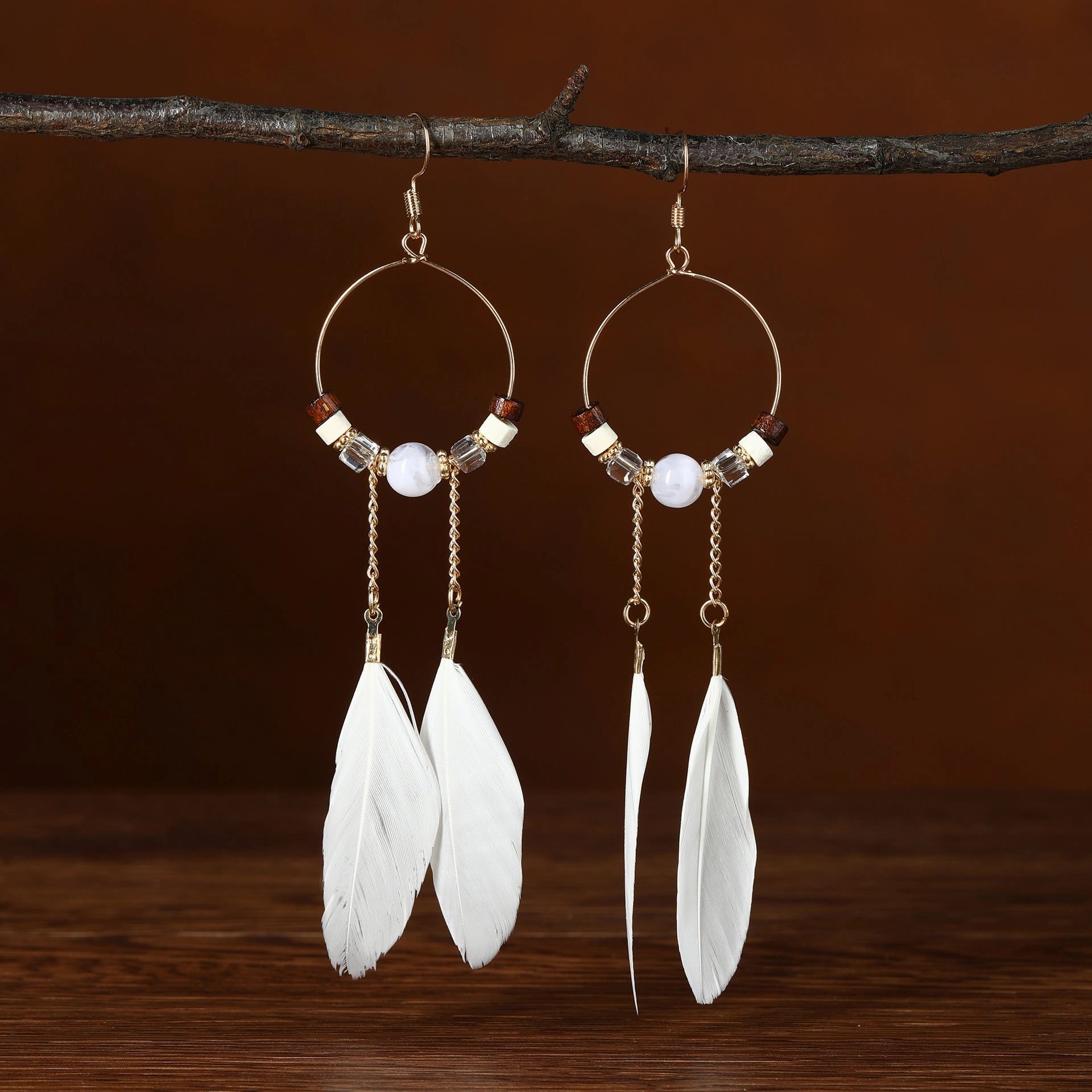 Wholesale Ethnic retro long multi-color holiday feather beaded circle earrings