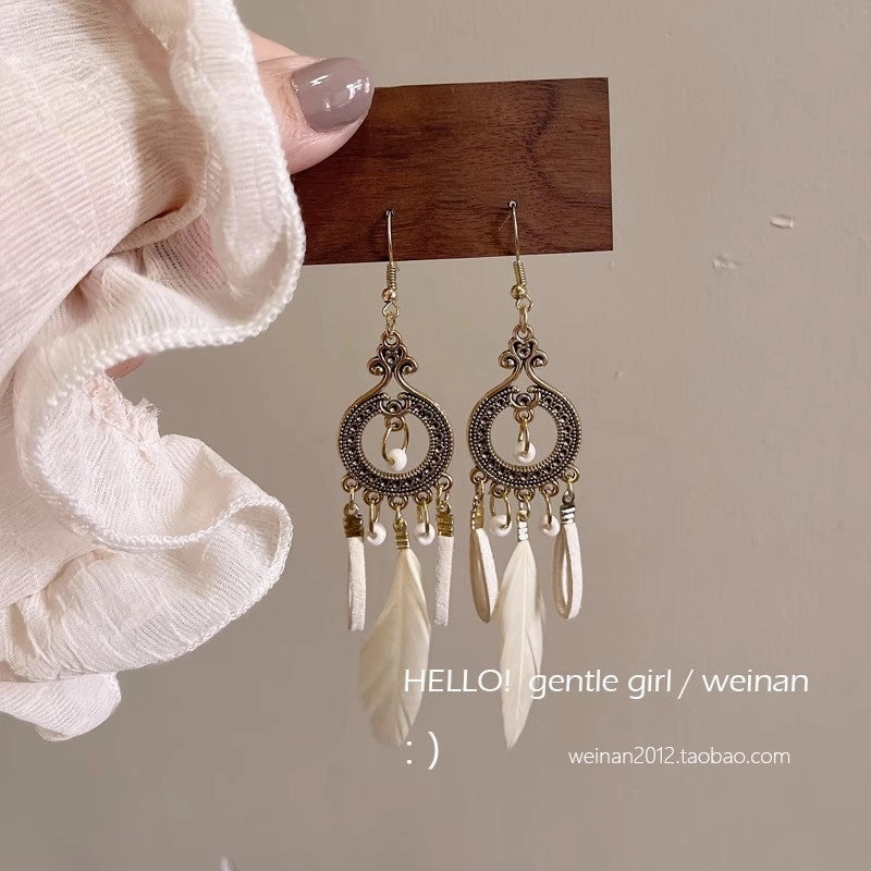 Wholesale Ethnic retro long multi-color holiday feather beaded circle earrings