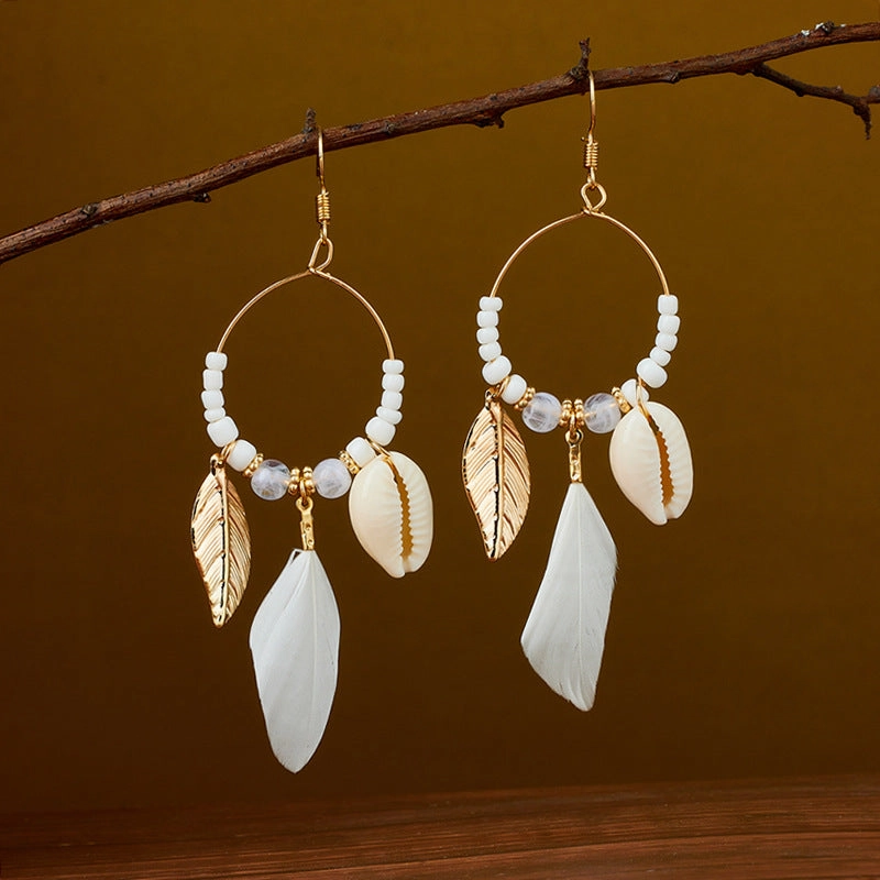 Wholesale Ethnic retro long multi-color holiday feather beaded circle earrings
