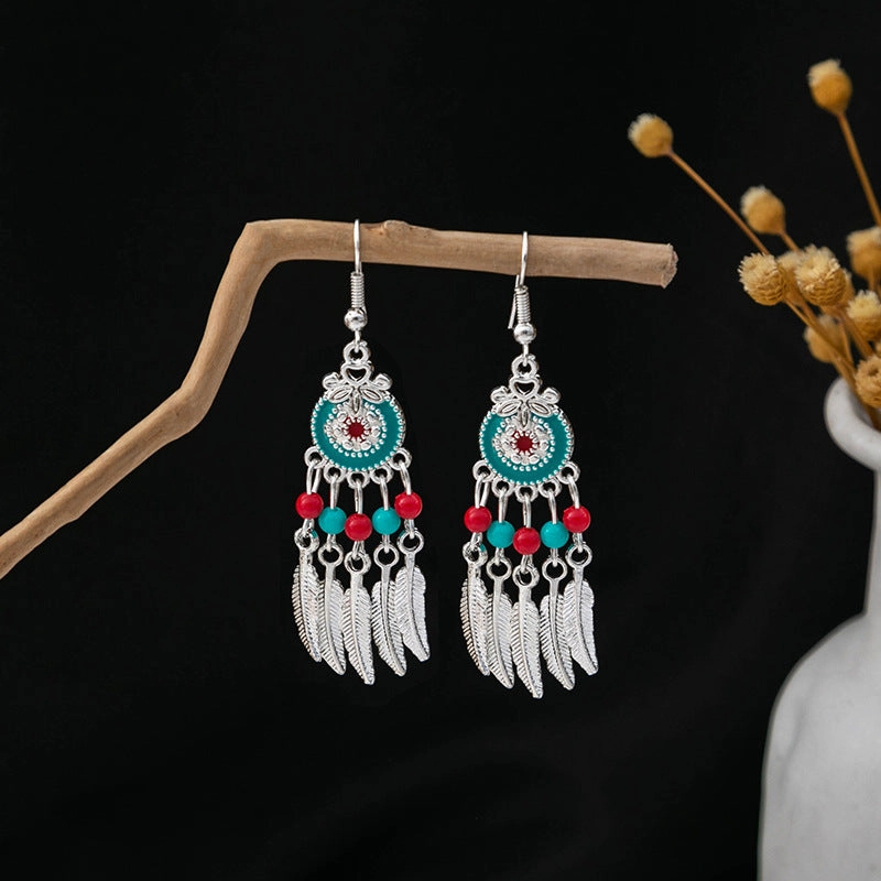 Wholesale Ethnic Style Long Style Feather Tassel Alloy Earrings