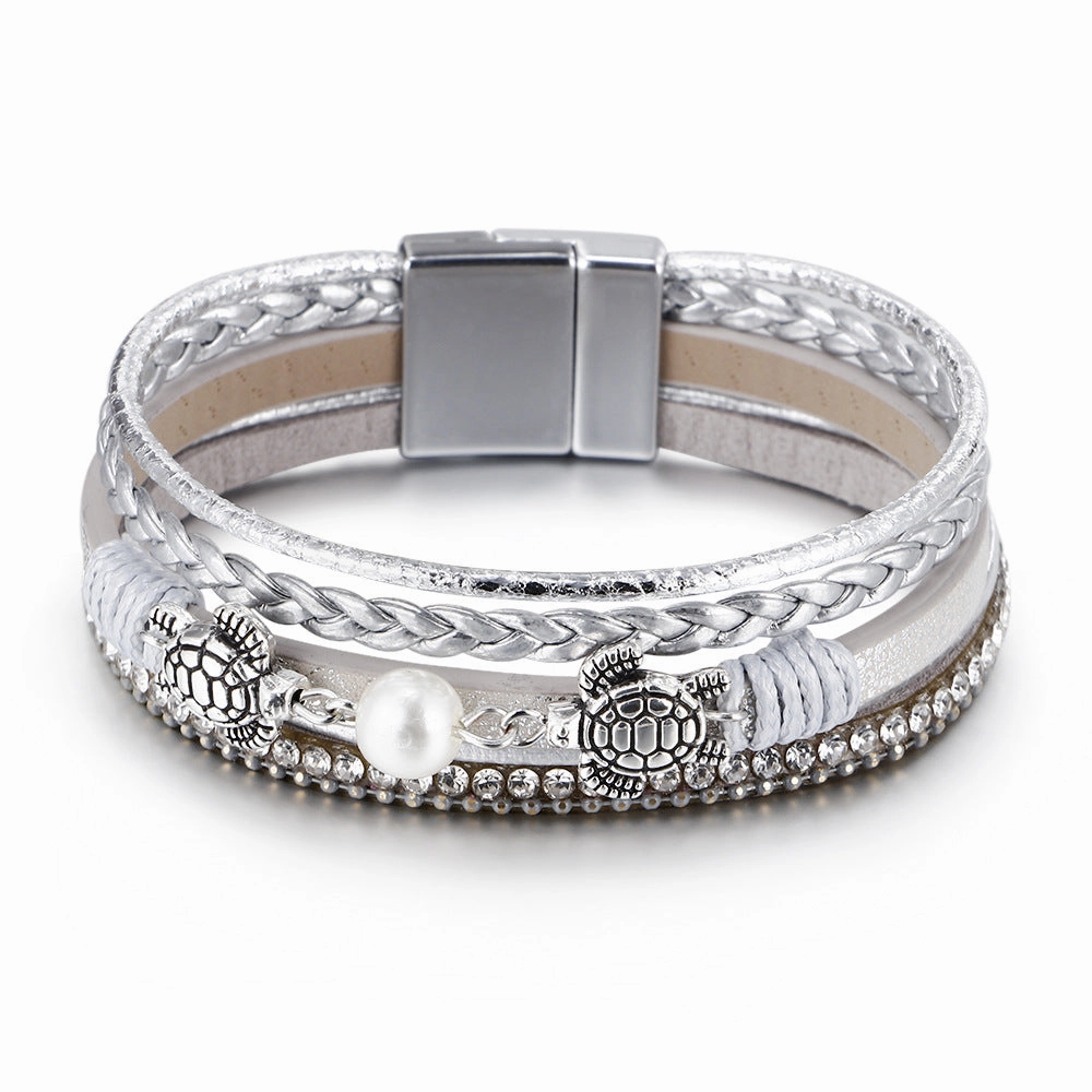 Wholesale Ethnic Style Pearl Turtle Magnetic Buckle Multi-layer PU Leather Woven Bracelet