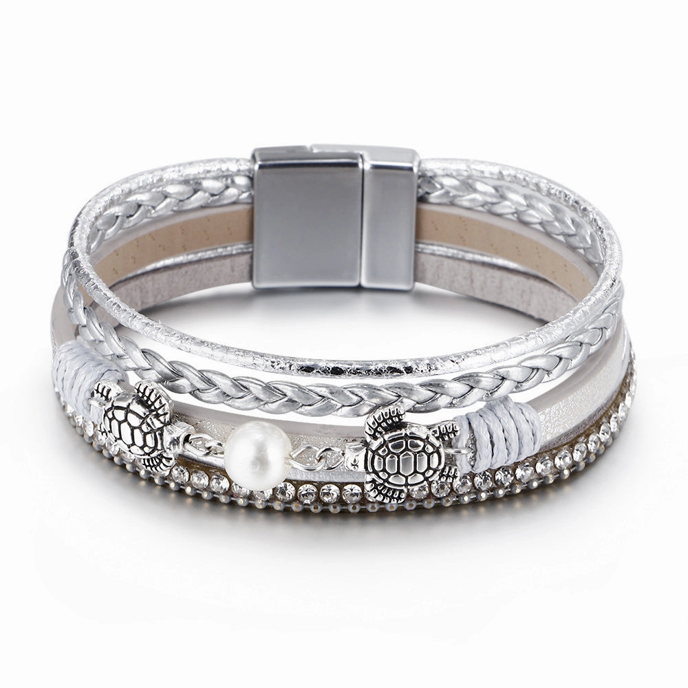 Wholesale Ethnic Style Pearl Turtle Magnetic Buckle Multi-layer PU Leather Woven Bracelet