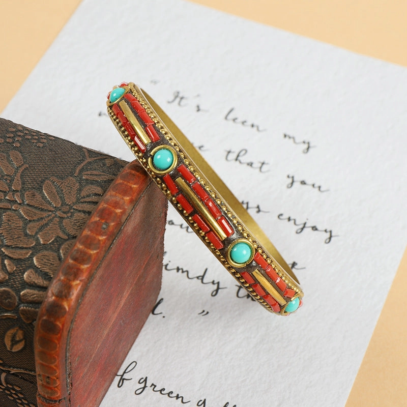 Wholesale Ethnic Style Vintage Brass Set with Turquoise Bracelet