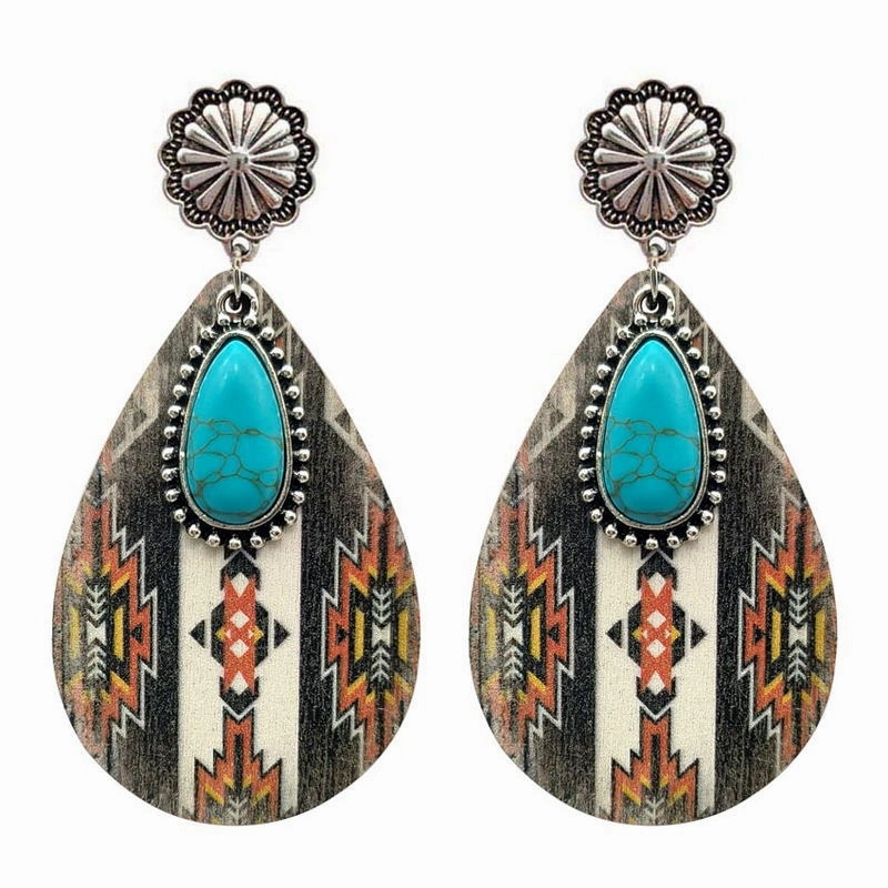 Wholesale Ethnic Turquoise Western Style Aztec Leather Drop Earrings