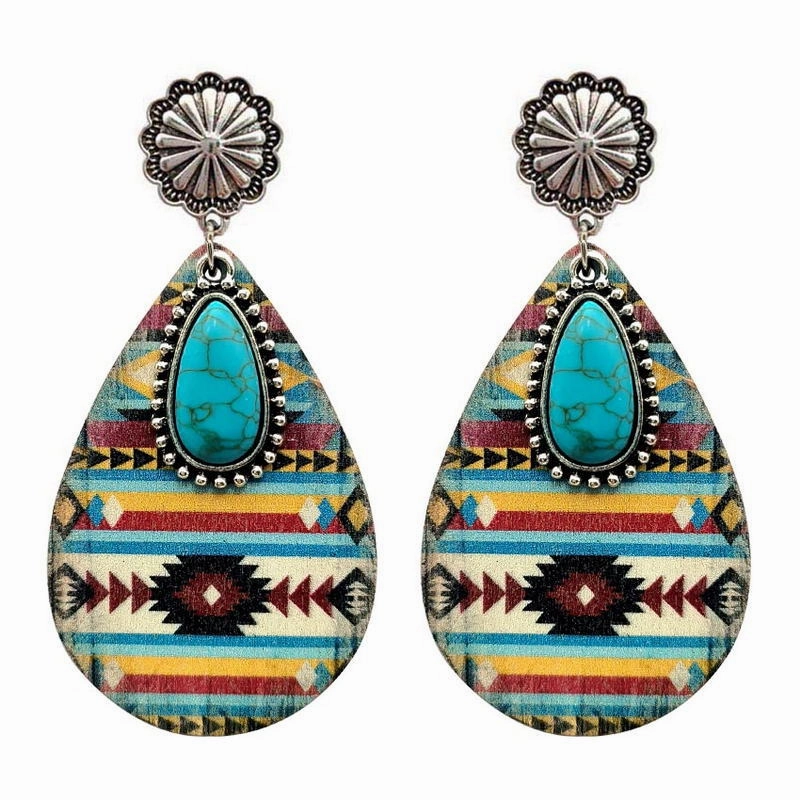 Wholesale Ethnic Turquoise Western Style Aztec Leather Drop Earrings