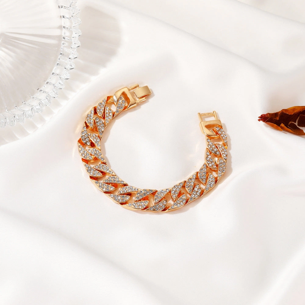 Wholesale European and American Wide Version Flash Diamond Alloy Thick Chain Bracelet