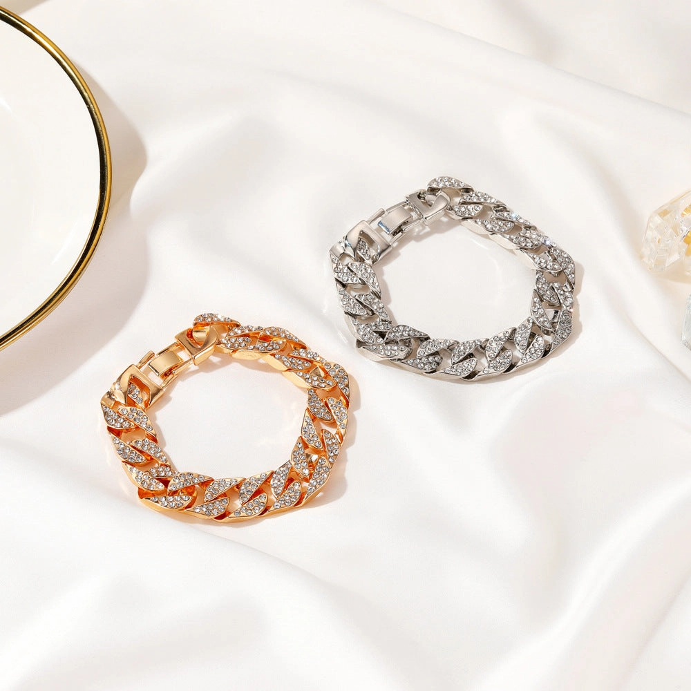 Wholesale European and American Wide Version Flash Diamond Alloy Thick Chain Bracelet