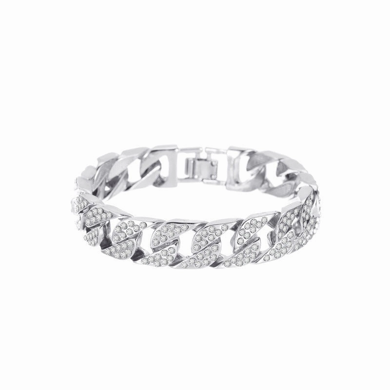 Wholesale European and American Wide Version Flash Diamond Alloy Thick Chain Bracelet