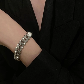 Wholesale European and American Wide Version Flash Diamond Alloy Thick Chain Bracelet