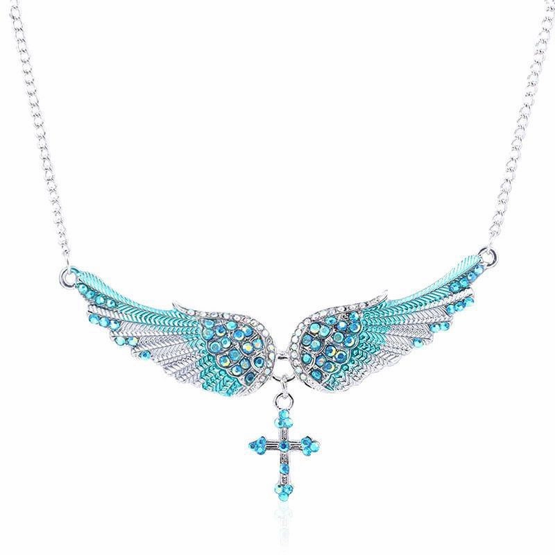 Wholesale Exaggerated Angel Wing Diamond Cross Necklace
