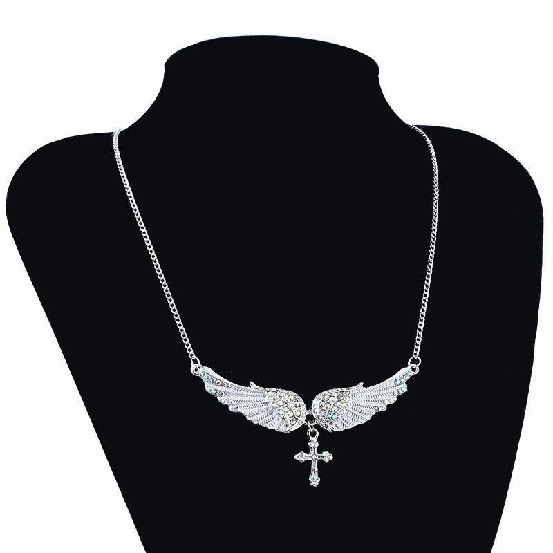 Wholesale Exaggerated Angel Wing Diamond Cross Necklace
