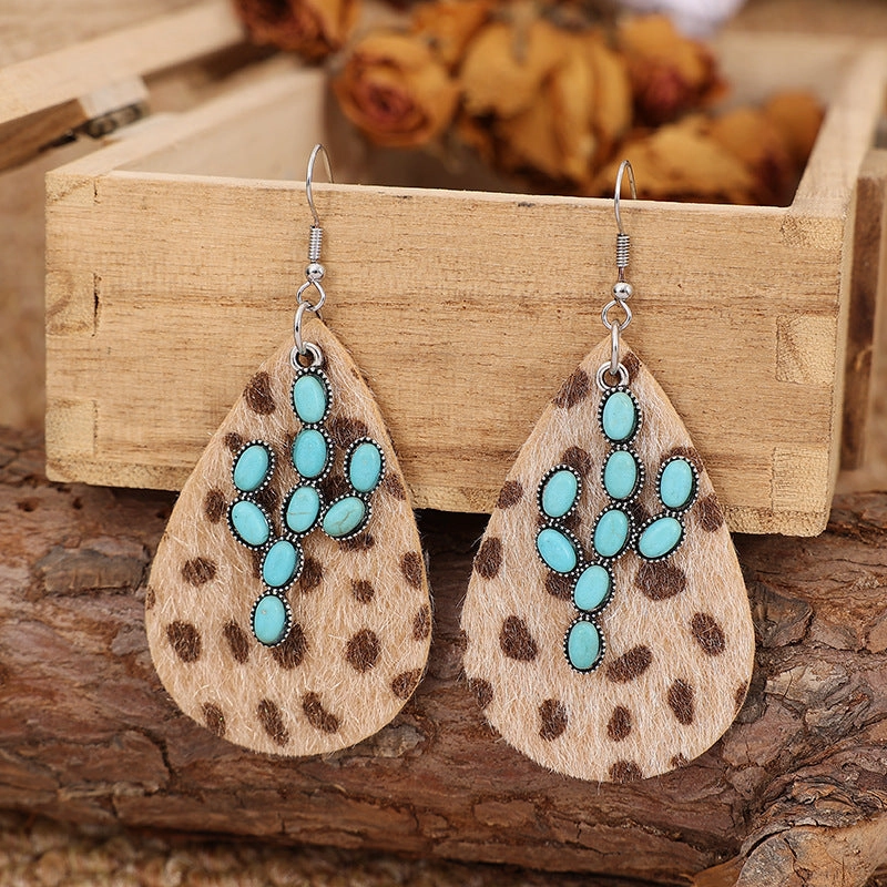 Wholesale Exaggerated Cactus Turquoise Western Cowboy Horse Hair Leopard Earrings
