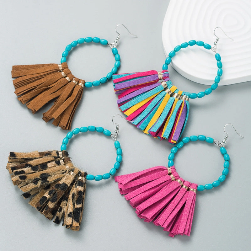 Wholesale Exaggerated Large Round Turquoise Handmade Leather Tassel Earrings