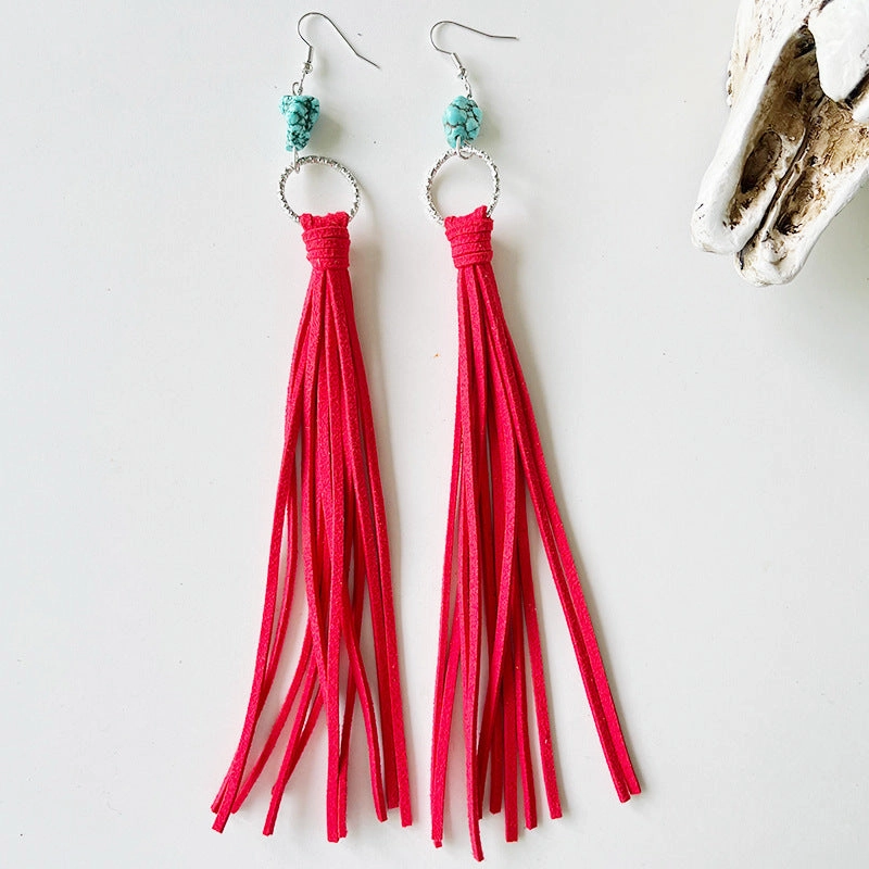 Wholesale Exaggerated Leather Tassel Turquoise Multi-color Earrings 2 in A Pack