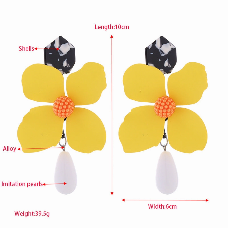 Wholesale Exaggerated Long Multi-layered Flower Alloy Painted Drop-shaped Pearl Earrings