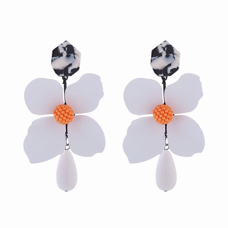 Wholesale Exaggerated Long Multi-layered Flower Alloy Painted Drop-shaped Pearl Earrings