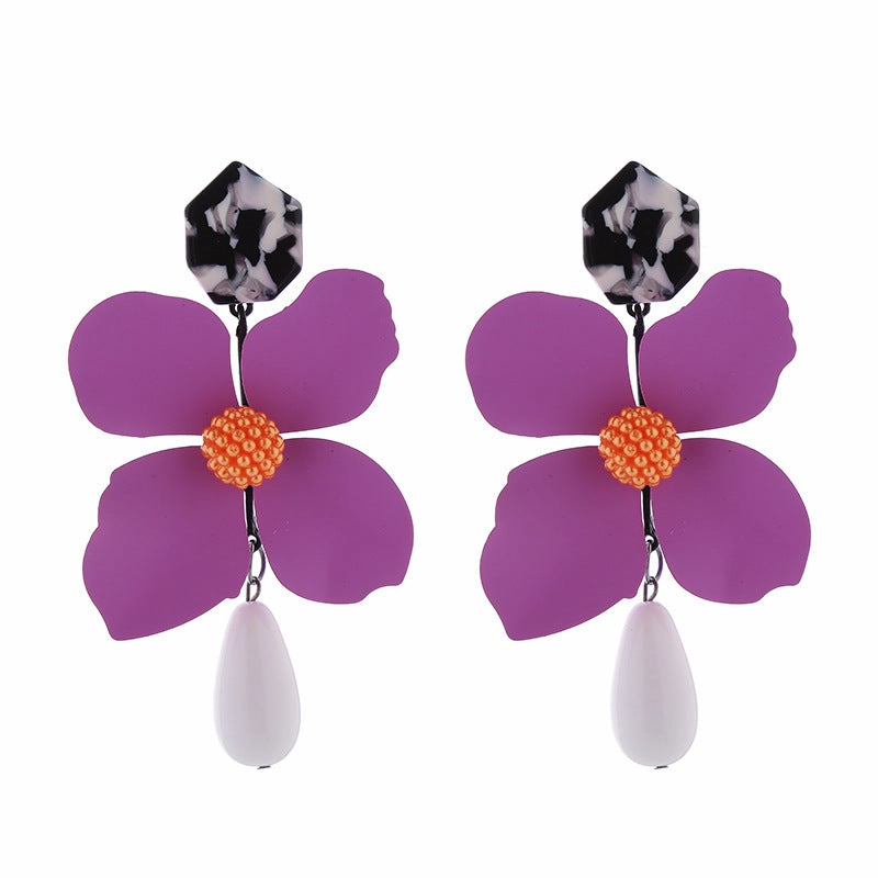 Wholesale Exaggerated Long Multi-layered Flower Alloy Painted Drop-shaped Pearl Earrings
