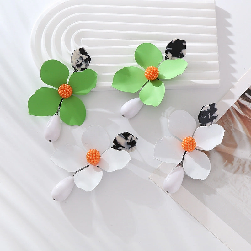 Wholesale Exaggerated Long Multi-layered Flower Alloy Painted Drop-shaped Pearl Earrings
