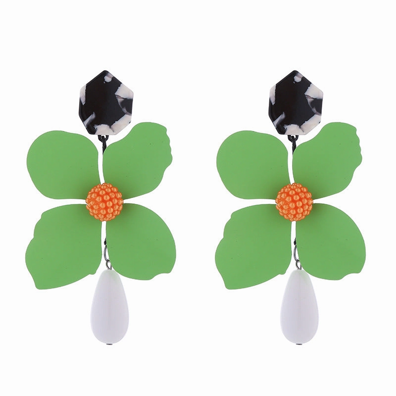 Wholesale Exaggerated Long Multi-layered Flower Alloy Painted Drop-shaped Pearl Earrings