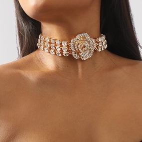 Wholesale Exaggerated Multi-row Diamond-studded Three-dimensional Rose Necklace