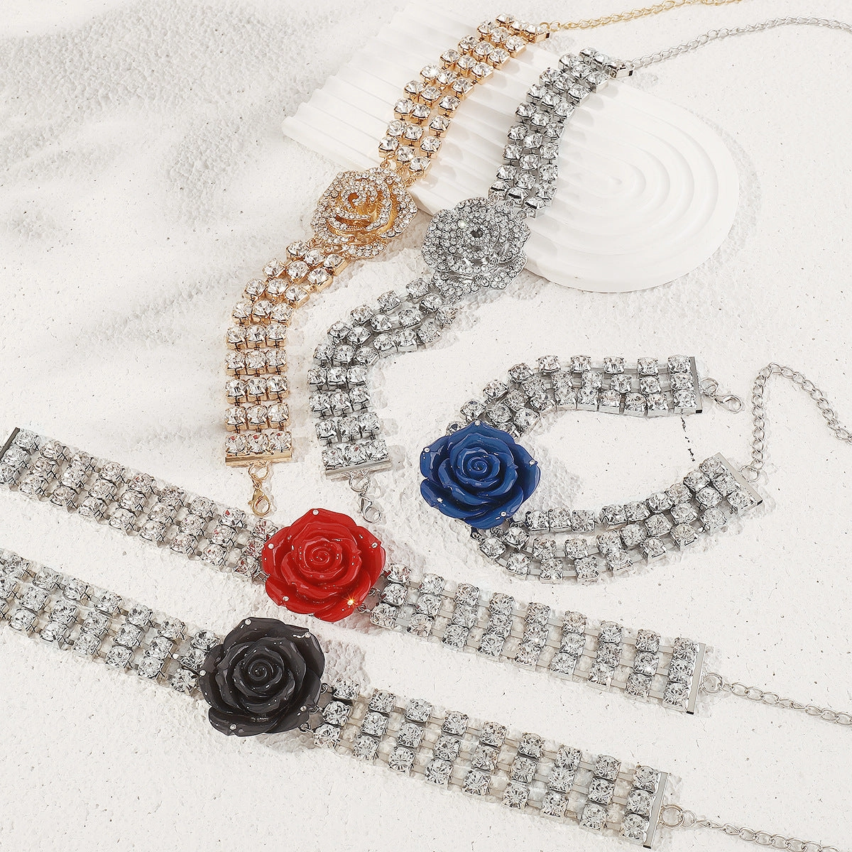 Wholesale Exaggerated Multi-row Diamond-studded Three-dimensional Rose Necklace