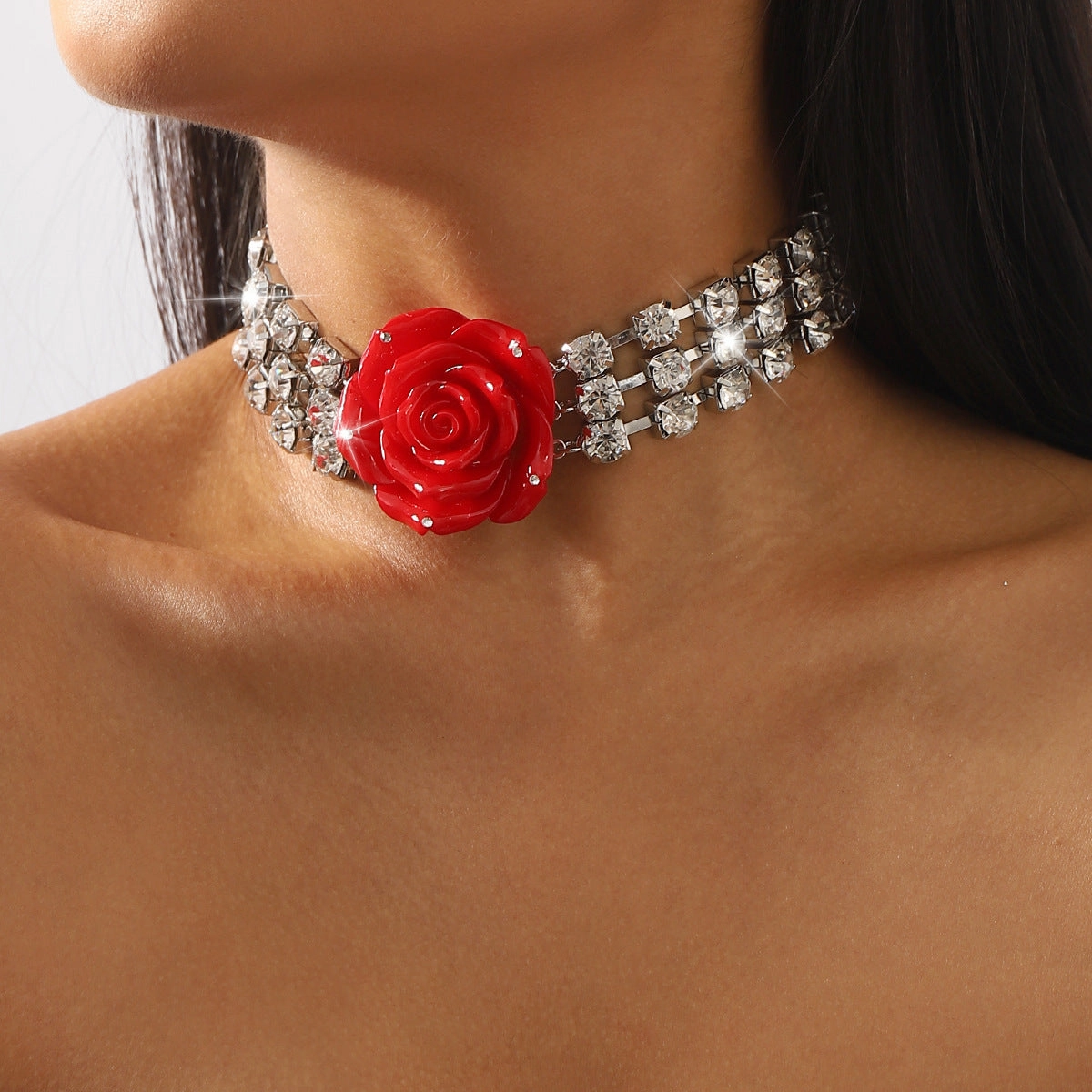 Wholesale Exaggerated Multi-row Diamond-studded Three-dimensional Rose Necklace