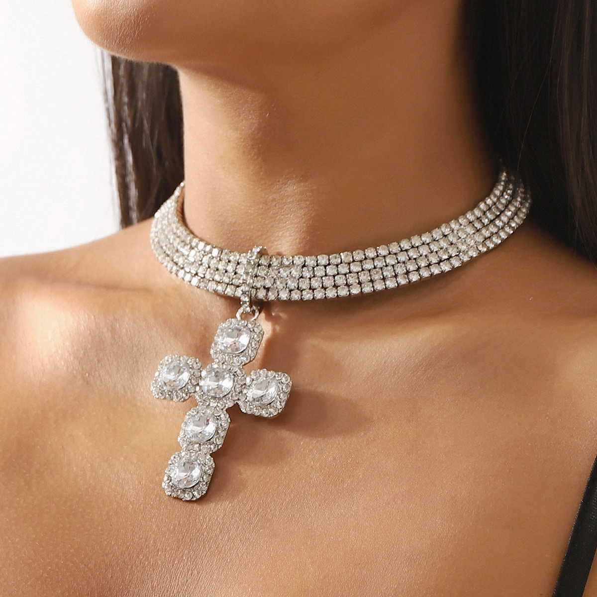 Wholesale Exaggerated Row of Diamond Cross Necklace