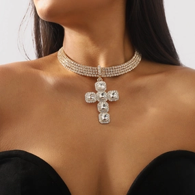 Wholesale Exaggerated Row of Diamond Cross Necklace