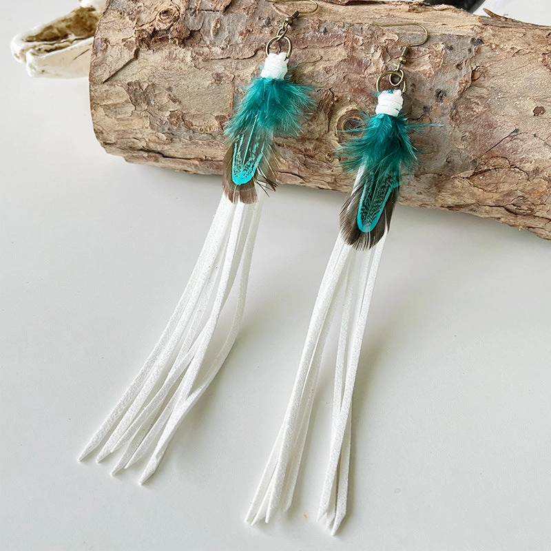 Wholesale Exaggerated Tassel Bohemian Western Style Retro Cortex Earrings Multicolor 2 in a pack
