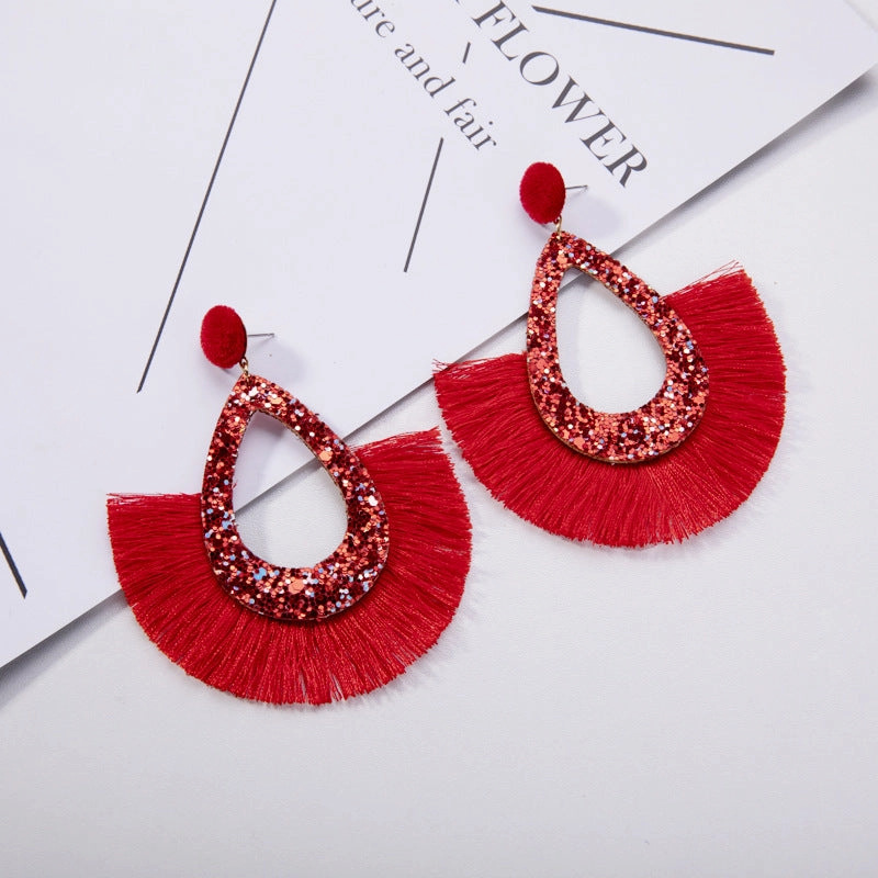 Wholesale Exaggerated Tassel Geometric Water Drop Hollow Diamond Earrings