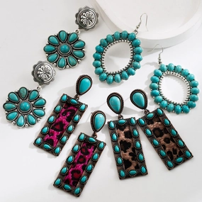 Wholesale Exaggerated Vintage Oval Turquoise Hollow Leopard Leather Earrings