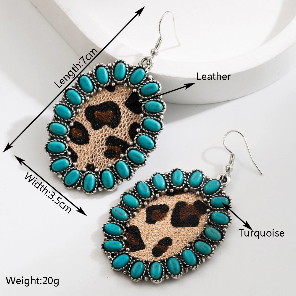 Wholesale Exaggerated Vintage Oval Turquoise Hollow Leopard Leather Earrings