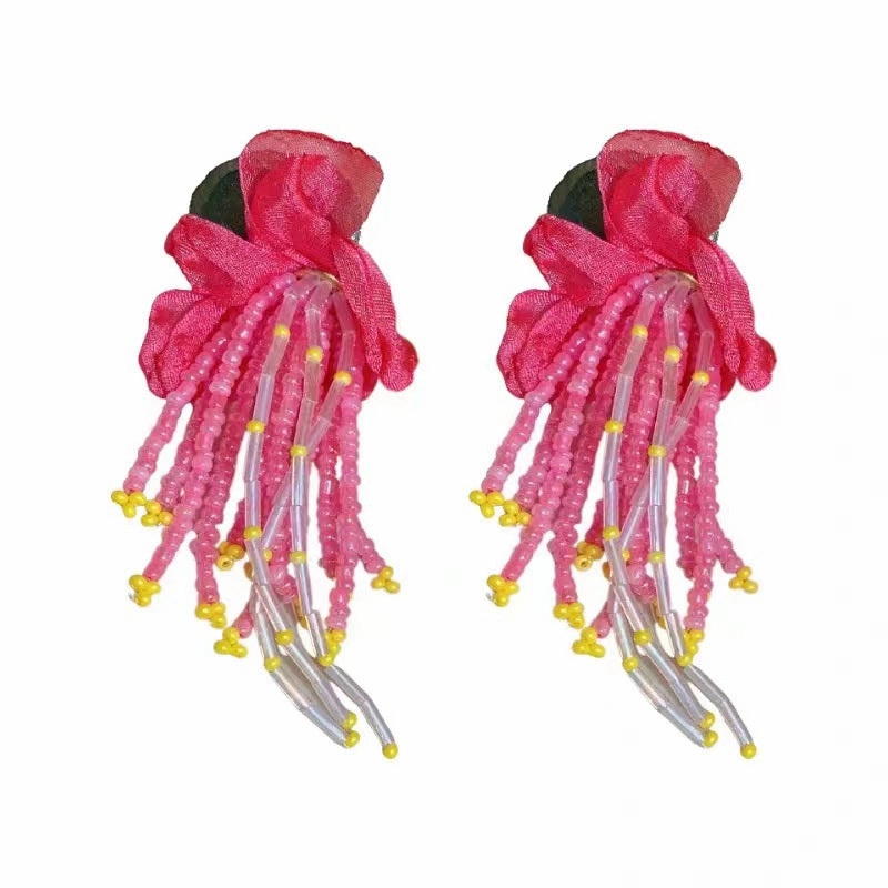 Wholesale Fabric flower super fairy handmade beaded fairy small fresh flower silver needle earrings