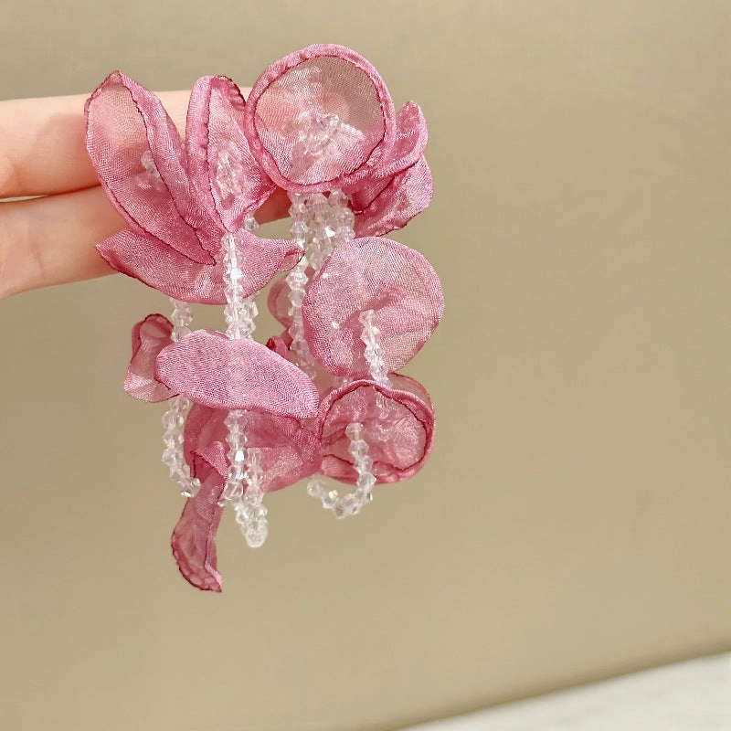 Wholesale Fabric flower super fairy handmade beaded fairy small fresh flower silver needle earrings