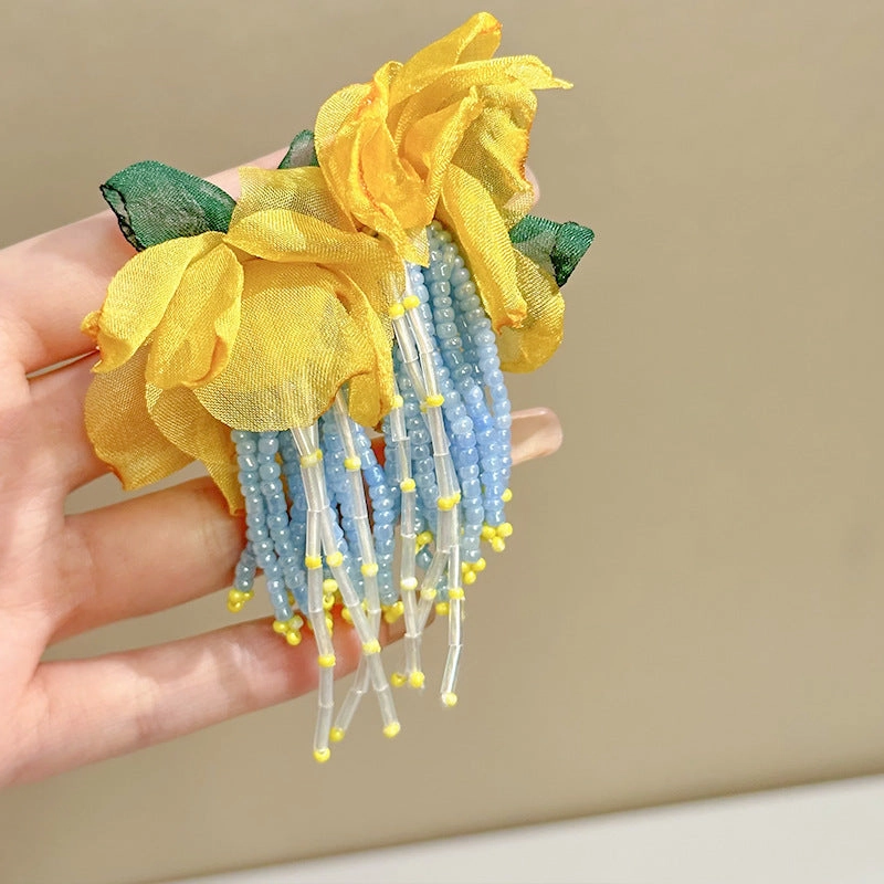 Wholesale Fabric flower super fairy handmade beaded fairy small fresh flower silver needle earrings
