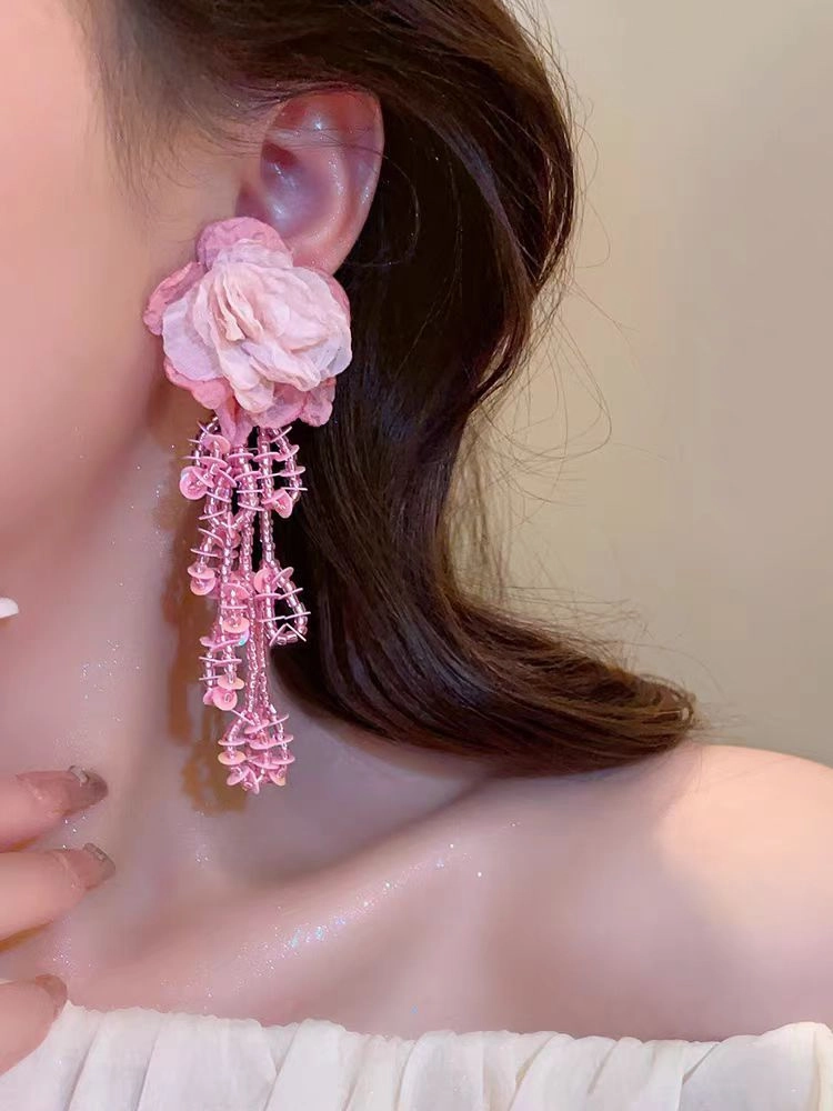 Wholesale Fabric flower super fairy handmade beaded fairy small fresh flower silver needle earrings
