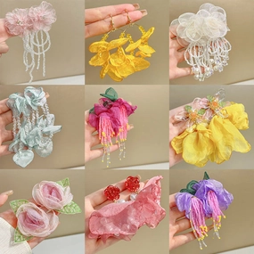 Wholesale Fabric flower super fairy handmade beaded fairy small fresh flower silver needle earrings