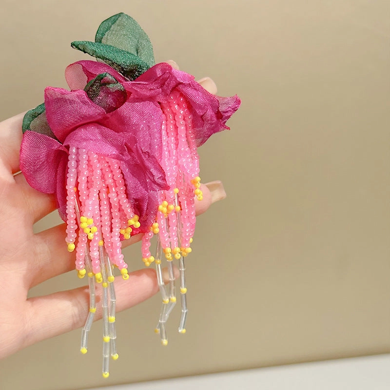 Wholesale Fabric flower super fairy handmade beaded fairy small fresh flower silver needle earrings