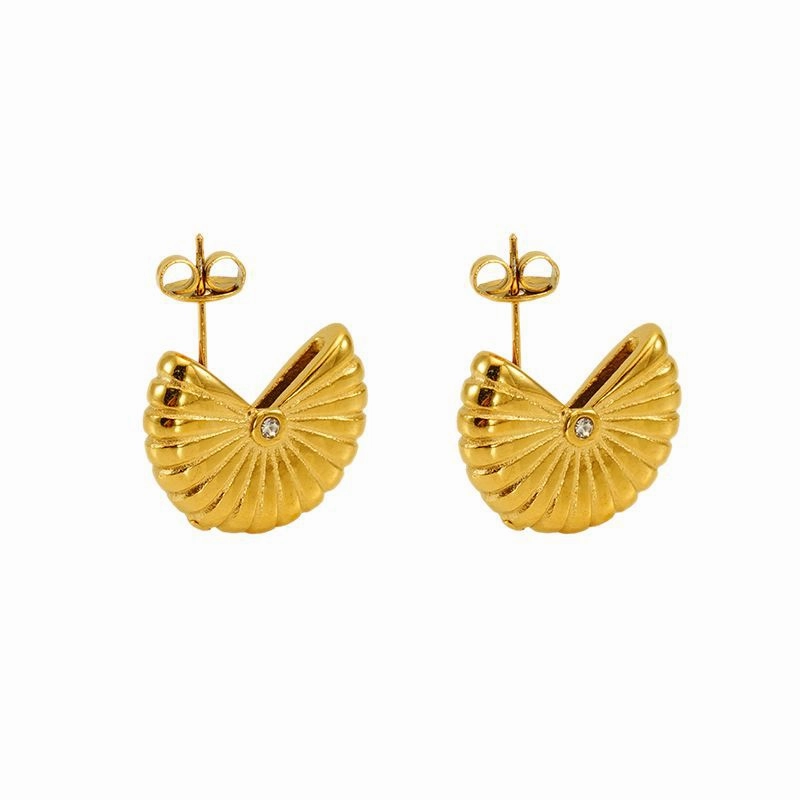 Wholesale Fan-shaped threaded titanium steel earrings for women, geometric vertical stripes earrings