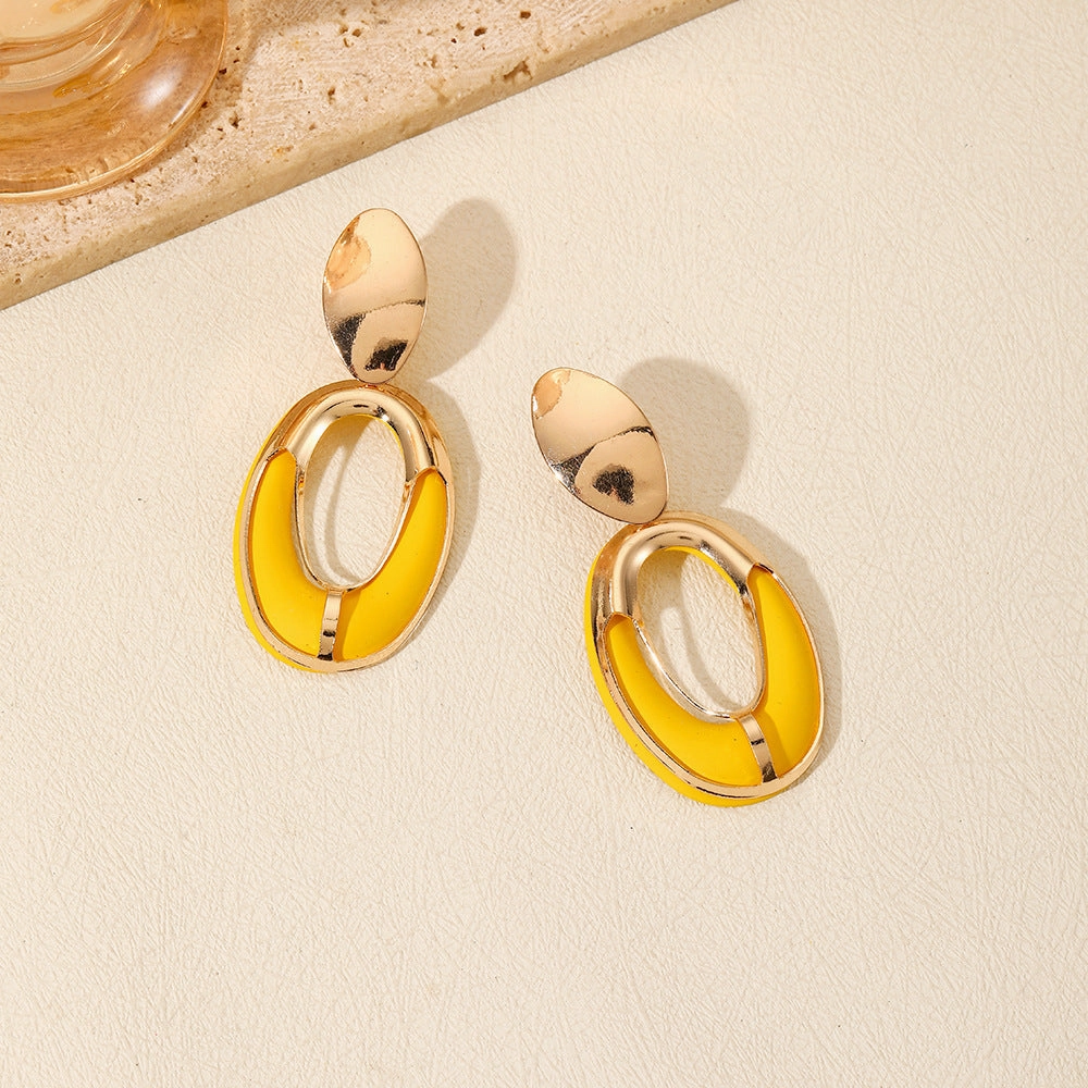 Wholesale Fashion Color Spray Paint Geometric Oval Hollow Double Layer Long Earrings